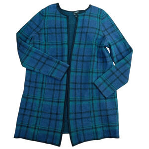 Talbots Merino Wool Cardigan Women's Size X Plus Blue Green Plaid Open Front